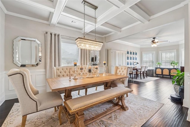 406 Dunaway Ct, Grayson, GA 30017 - dining space featuring ceiling fan, dark wood-style floors, coffered ceiling, beam ceiling, and a wainscoted wall