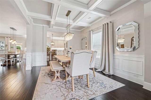 406 Dunaway Ct, Grayson, GA 30017 - dining area featuring dark wood-type flooring, beam ceiling, coffered ceiling, a chandelier, and wainscoting