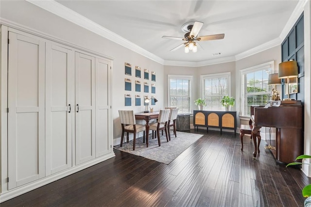 406 Dunaway Ct, Grayson, GA 30017 - dining area with ceiling fan, dark wood-style floors, and ornamental molding