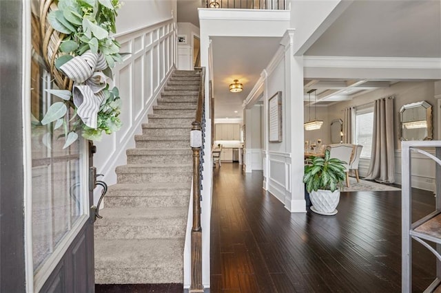 406 Dunaway Ct, Grayson, GA 30017 - entryway featuring coffered ceiling, a decorative wall, hardwood / wood-style floors, stairway, and wainscoting