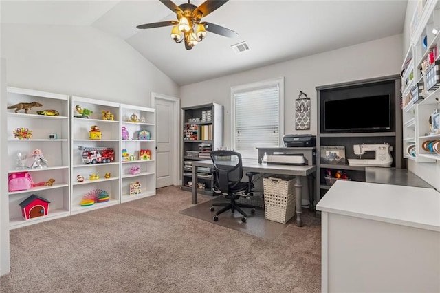 406 Dunaway Ct, Grayson, GA 30017 - carpeted office with vaulted ceiling and a ceiling fan
