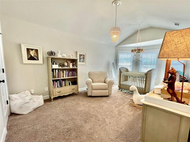 406 Dunaway Ct, Grayson, GA 30017 - carpeted bedroom featuring lofted ceiling and a chandelier