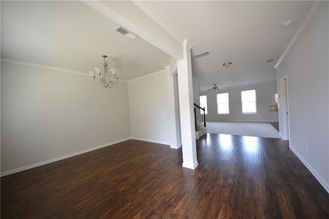 unfurnished living room with ornamental molding, dark wood-style floors, visible vents, and baseboards