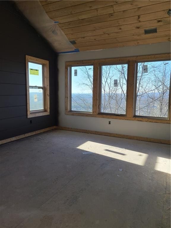 empty room with lofted ceiling and wooden ceiling