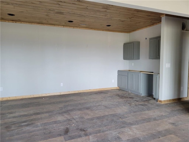 unfurnished room with wooden ceiling, baseboards, and hardwood / wood-style floors