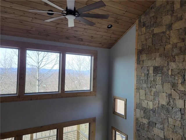 details with wooden ceiling and a ceiling fan