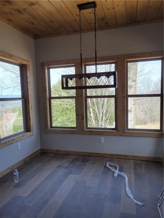 unfurnished dining area with wood ceiling, baseboards, and wood finished floors