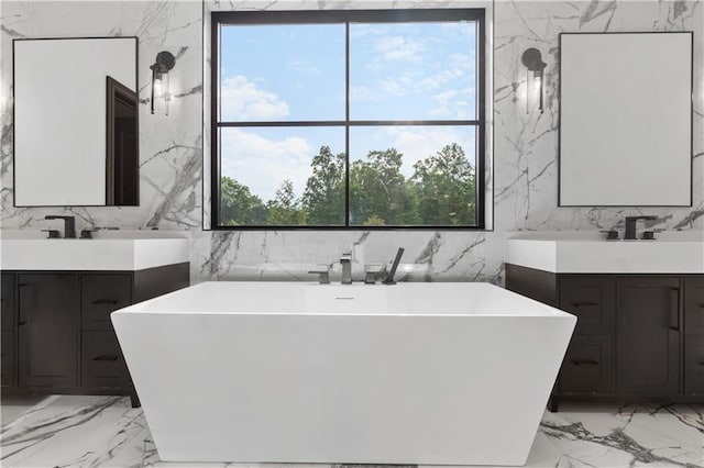 bathroom with a wealth of natural light, tile flooring, and tile walls