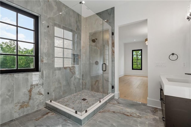 bathroom with hardwood / wood-style floors, walk in shower, and vanity