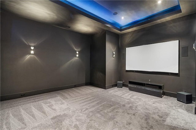 carpeted cinema featuring a raised ceiling