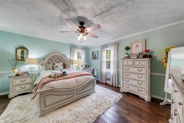 bedroom with ceiling fan, ornamental molding, a textured ceiling, and dark wood-type flooring