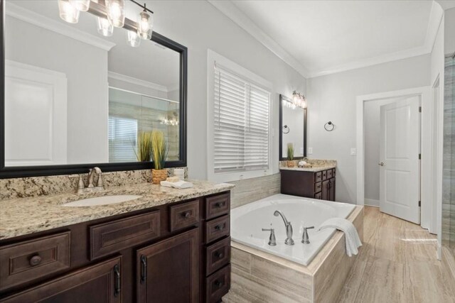 full bath with crown molding, two vanities, a sink, and a bath