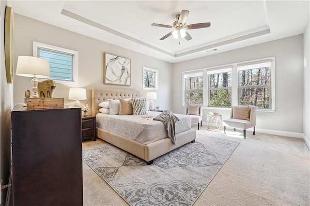 bedroom featuring baseboards, carpet, and a tray ceiling