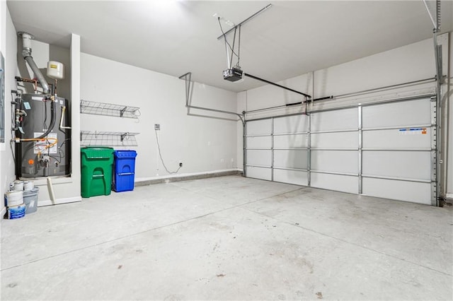 garage with a garage door opener, water heater, and baseboards