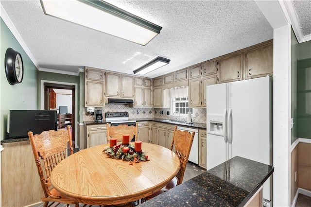 kitchen featuring sink, range with electric cooktop, dishwashing machine, white refrigerator with ice dispenser, and crown molding