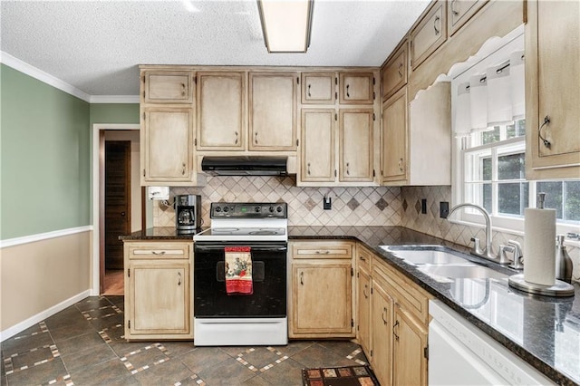 kitchen featuring a textured ceiling, sink, white appliances, ornamental molding, and dark stone countertops