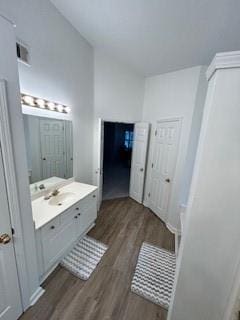 bathroom with hardwood / wood-style flooring and vanity with extensive cabinet space