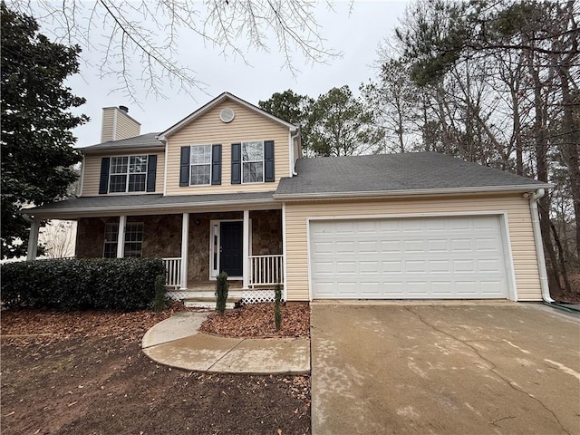 traditional home featuring a garage, concrete driveway, stone siding, a chimney, and covered porch