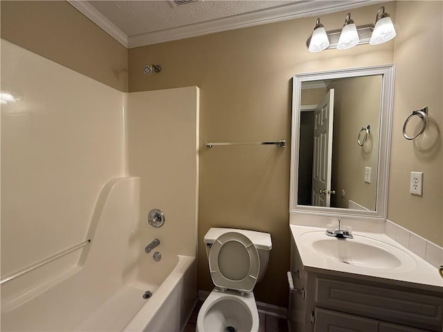 full bath with a textured ceiling, shower / tub combination, toilet, vanity, and crown molding