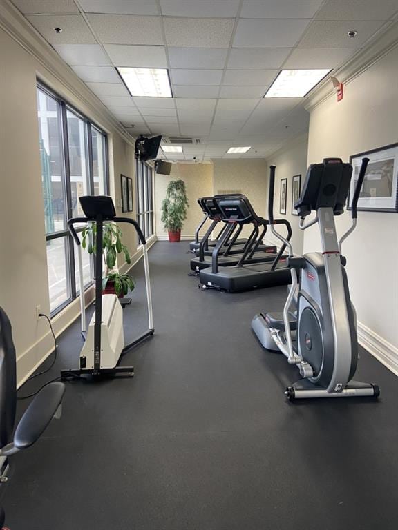 workout area featuring a wealth of natural light and a paneled ceiling