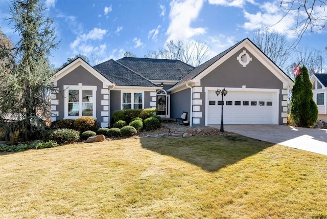 ranch-style house featuring a garage and a front lawn