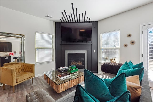 living room with a healthy amount of sunlight, a fireplace, and wood-type flooring