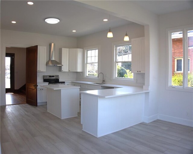 kitchen featuring white cabinetry, range with electric cooktop, and wall chimney exhaust hood