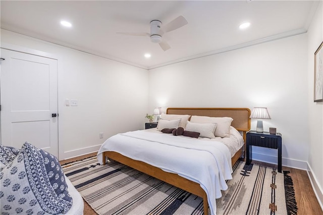 139 Sisson Ave NE, Atlanta, GA 30317 - bedroom with baseboards, ornamental molding, wood finished floors, recessed lighting, and a ceiling fan