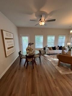 4258 SW Notting Hill Dr Unit 32, Atlanta, GA 30331 - dining room featuring baseboards, a ceiling fan, and wood finished floors