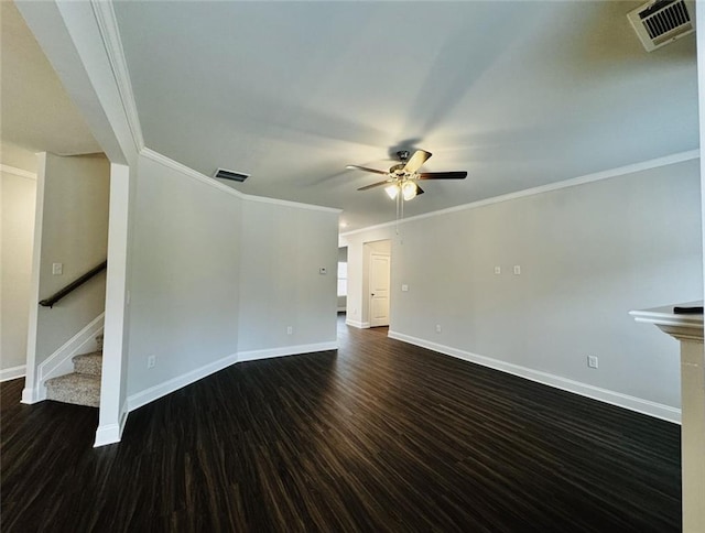 59 Observation Ct, Dallas, GA 30132 - unfurnished living room featuring a ceiling fan, baseboards, dark wood-style flooring, ornamental molding, and stairway