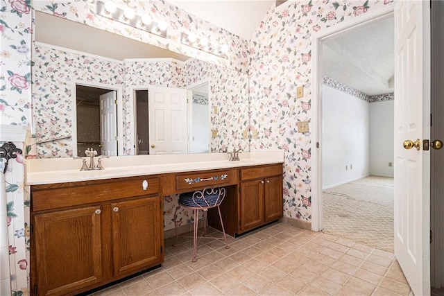 1900 Green Oak Cir, Lawrenceville, GA 30043 - bathroom with wallpapered walls, double vanity, and tile patterned floors