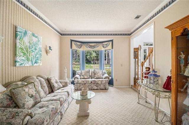 1900 Green Oak Cir, Lawrenceville, GA 30043 - carpeted living area with crown molding, a textured ceiling, and stairway