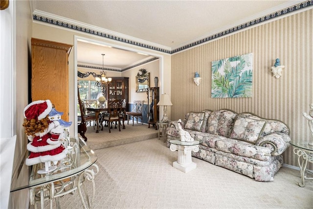 1900 Green Oak Cir, Lawrenceville, GA 30043 - carpeted living area with crown molding and a chandelier