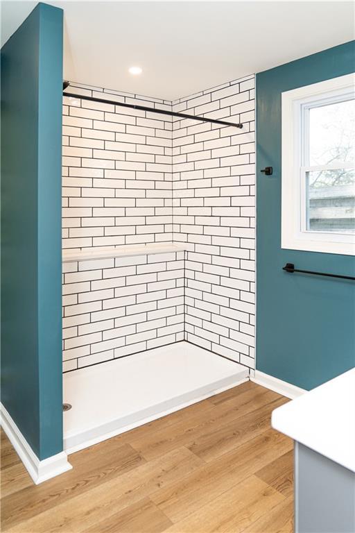 bathroom featuring vanity and hardwood / wood-style floors