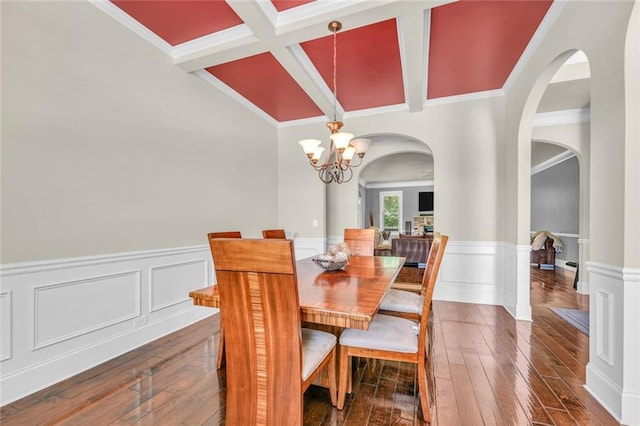 271 Learwood Ln, Atlanta, GA 30349 - dining room with a chandelier, coffered ceiling, wainscoting, hardwood / wood-style floors, and beam ceiling