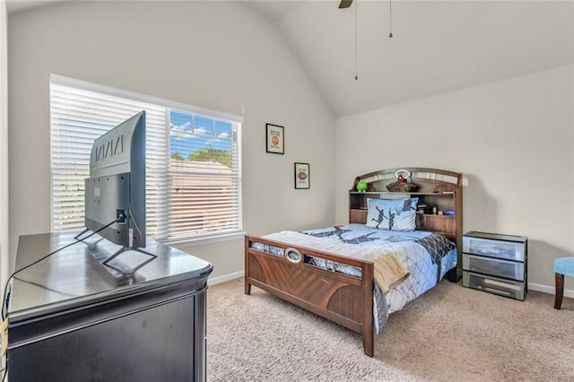 271 Learwood Ln, Atlanta, GA 30349 - bedroom with light colored carpet, lofted ceiling, baseboards, and ceiling fan