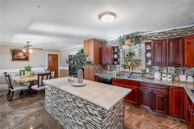 4983 Arcado Rd SW, Lilburn, GA 30047 - kitchen with a wainscoted wall, a sink, dishwasher, open shelves, and crown molding