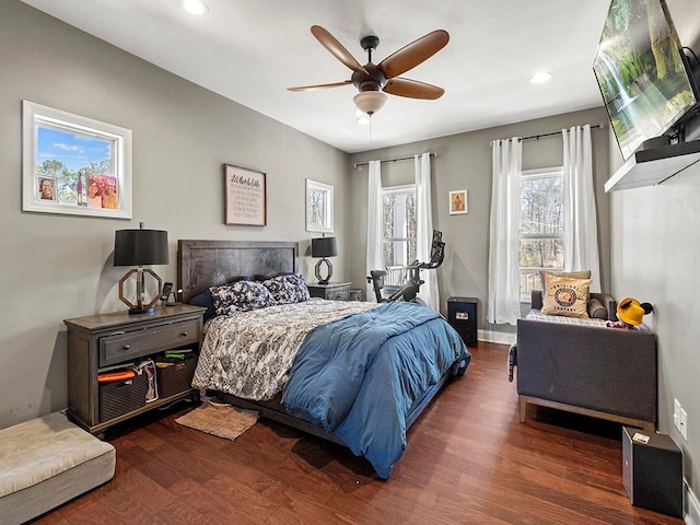 bedroom with ceiling fan, baseboards, wood finished floors, and recessed lighting