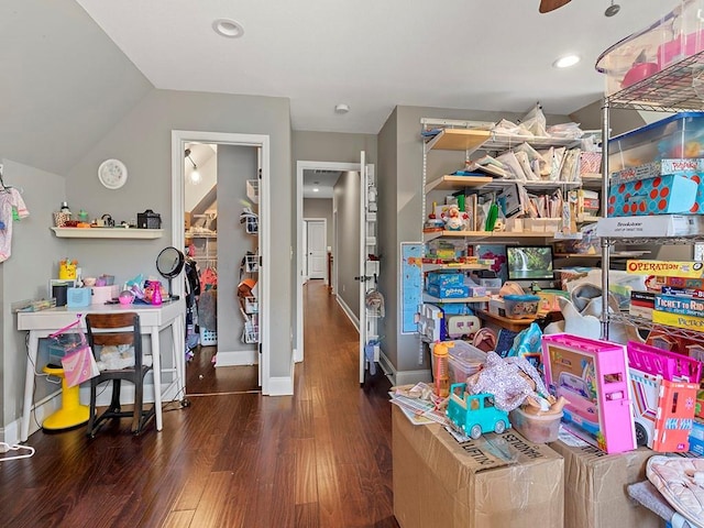 game room featuring baseboards, wood finished floors, and recessed lighting