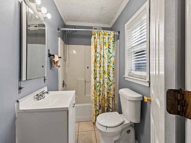 bathroom featuring a textured ceiling, tile patterned flooring, toilet, shower / tub combo, and crown molding