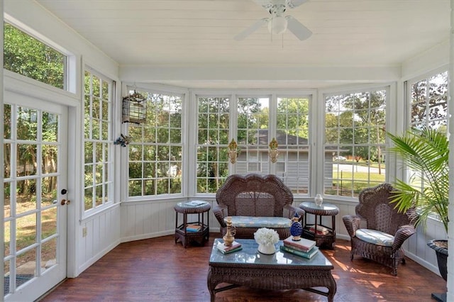 sunroom / solarium featuring ceiling fan