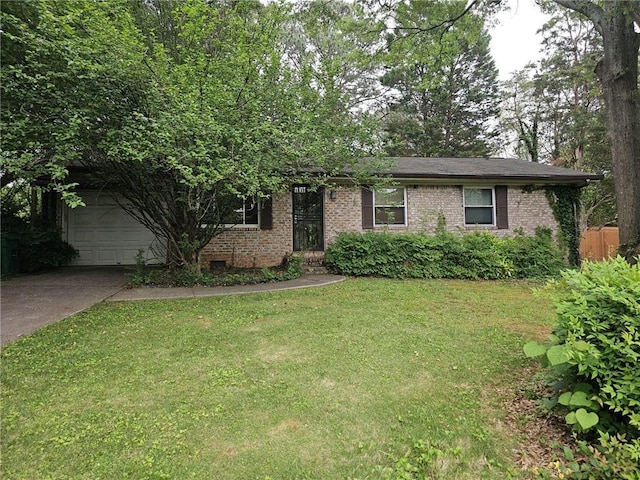 ranch-style home with concrete driveway, brick siding, a front yard, and a garage