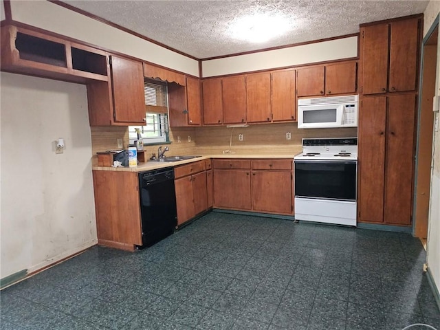 kitchen featuring white appliances, a textured ceiling, brown cabinets, a sink, and backsplash