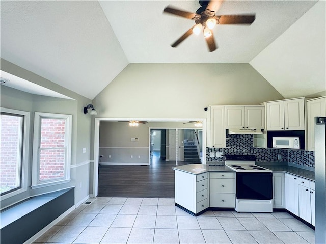 238 Marks Rd, Mansfield, GA 30055 - kitchen featuring white appliances, ceiling fan, under cabinet range hood, vaulted ceiling, and light tile patterned flooring