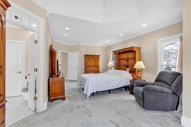 bedroom with recessed lighting, baseboards, light carpet, and crown molding