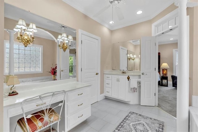 full bath with recessed lighting, a notable chandelier, vanity, and crown molding