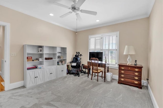 carpeted home office with recessed lighting, baseboards, ceiling fan, and crown molding