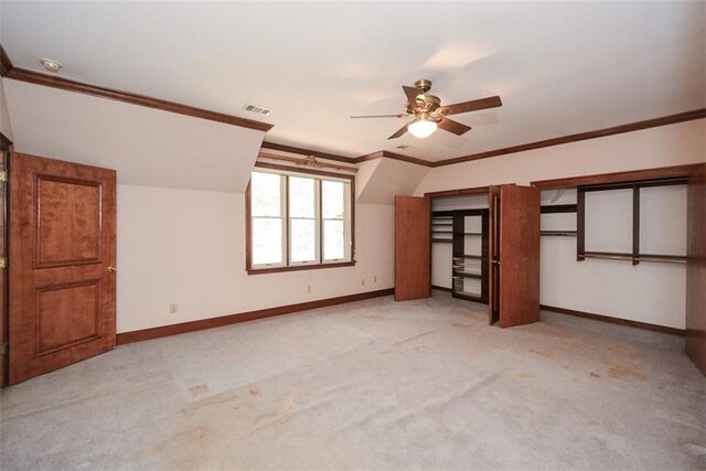 bedroom featuring ceiling fan, vaulted ceiling, ornamental molding, and light hardwood / wood-style flooring