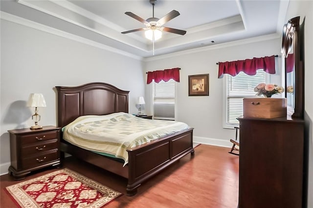 4547 Big Rock Ridge Trl SW, Gainesville, GA 30504 - bedroom with a tray ceiling, wood finished floors, ornamental molding, and ceiling fan