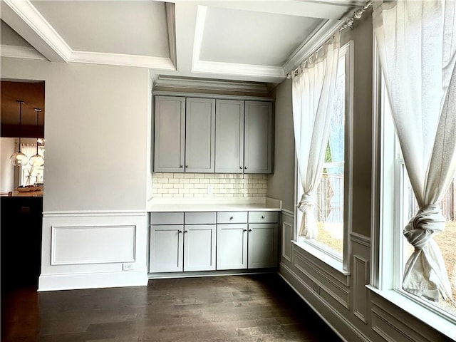 interior space featuring gray cabinetry, ornamental molding, a wainscoted wall, and dark wood finished floors